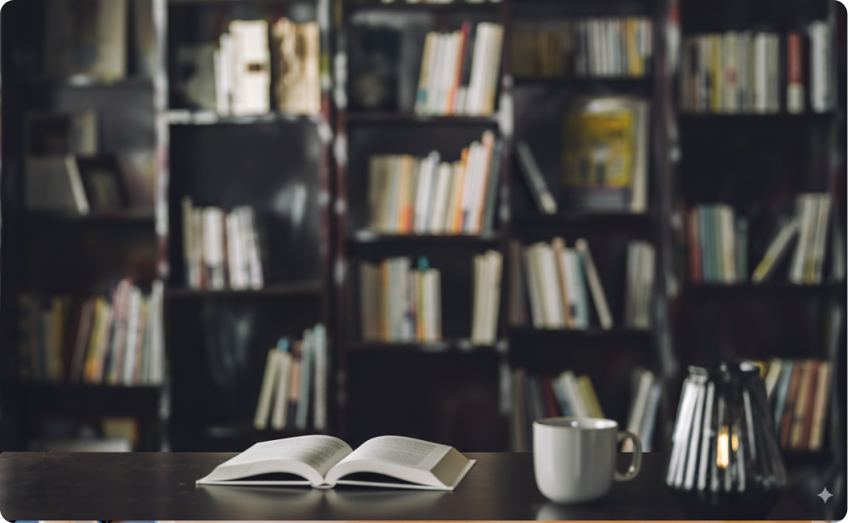 木製のデスクに開かれた本と白いマグカップ、奥にはぼかされた本棚が並ぶ、落ち着いた学習空間